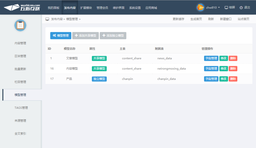 模型管理_产品使用_五指cms网站管理系统(wuzhicms)-门户网站,b2b企业