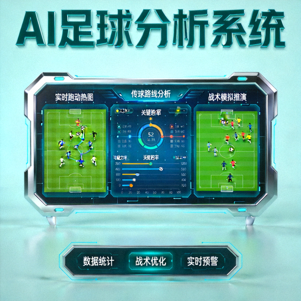 AI足球分析仪表盘展示复杂的比赛数据和实时战术模拟界面